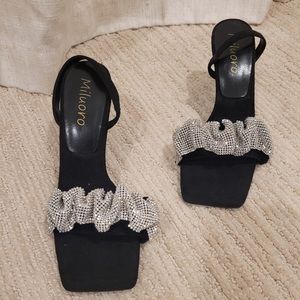 Brand new low heeled black velvet & rhinestone sandals